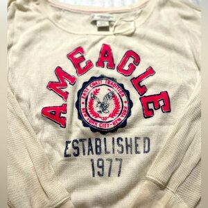 Ladies American Eagle Long Sleeve Top White Pink Blue Size XS 🦅